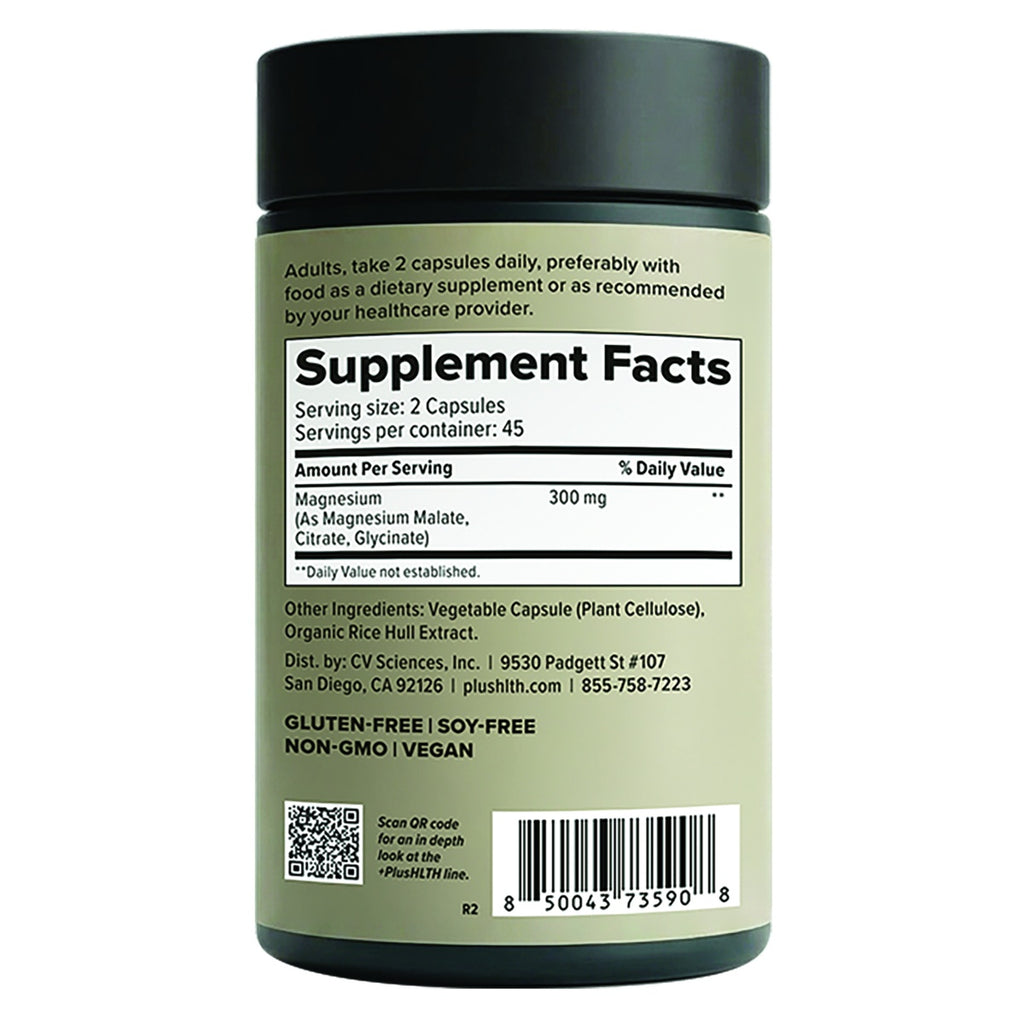 CV059 | Back label of PlusHLTH magnesium supplement with Supplement Facts, dosage, ingredients, and barcode - Thumbnail