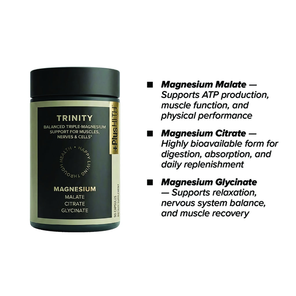 CV059 | Trinity magnesium supplement bottle with three magnesium forms and benefits listed - Thumbnail