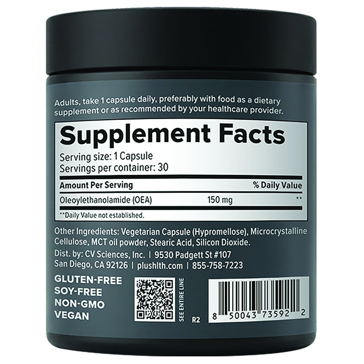 CV060 | Back label of supplement bottle with Supplement Facts, capsule directions, and ingredient details