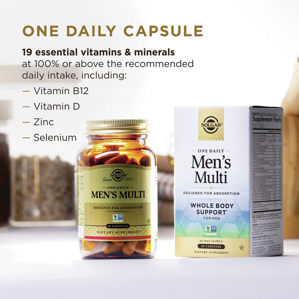 SLG383 | Solgar Men’s Multi capsules with bottle, box, and vitamins infographic - Thumbnail