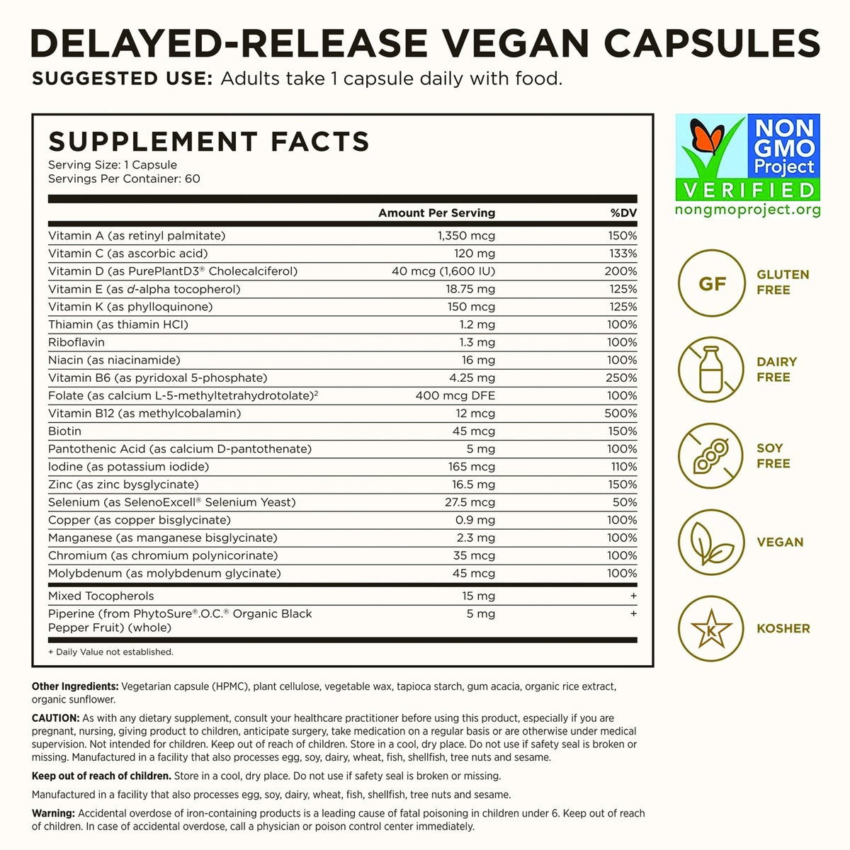 SLG383 | Supplement Facts panel for delayed-release vegan capsules with suggested use and dietary certifications