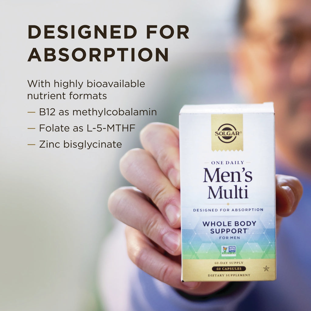 SLG383 | Solgar Men's Multi box held in hand with absorption and nutrient format callouts - Thumbnail