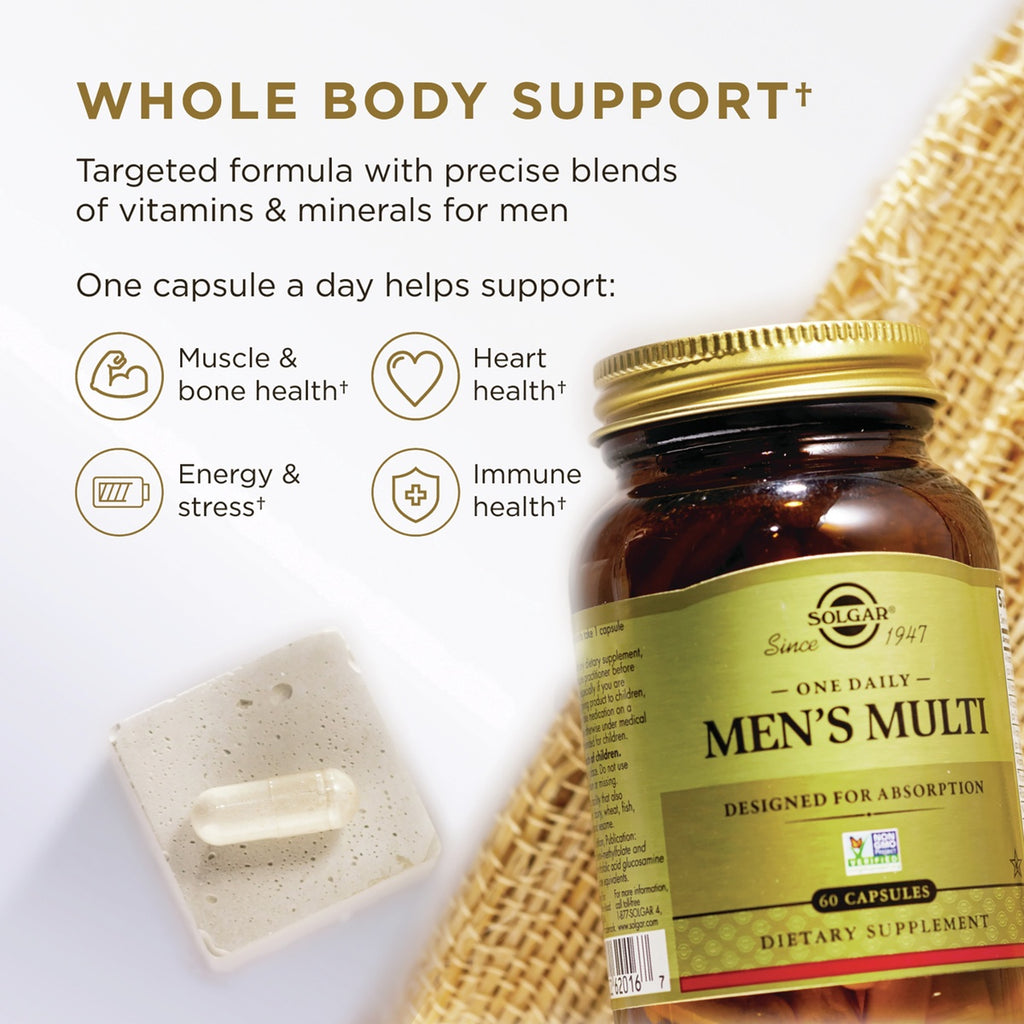 SLG383 | Men's multivitamin capsule with whole body support claims and bottle shown - Thumbnail