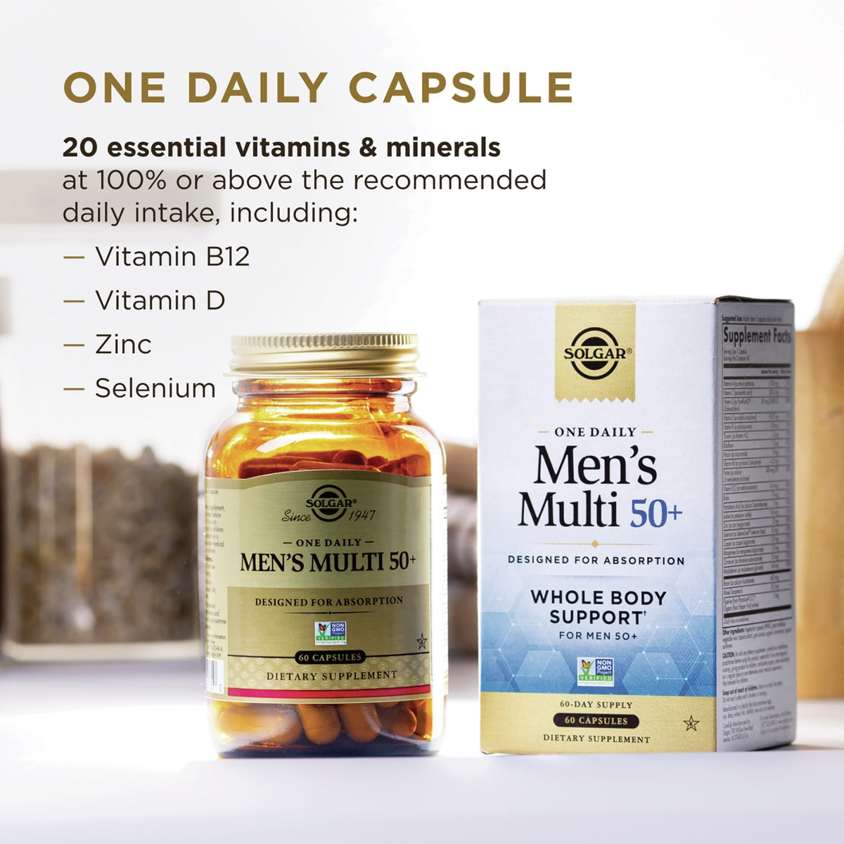 SLG382 | Men’s Multi 50+ capsules and box with 20 essential vitamins and minerals