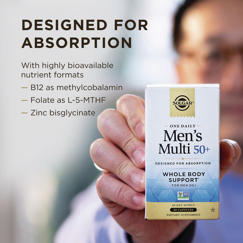 SLG382 | Solgar Men's Multi 50+ box with designed for absorption callout and bioavailable nutrient formats - Thumbnail