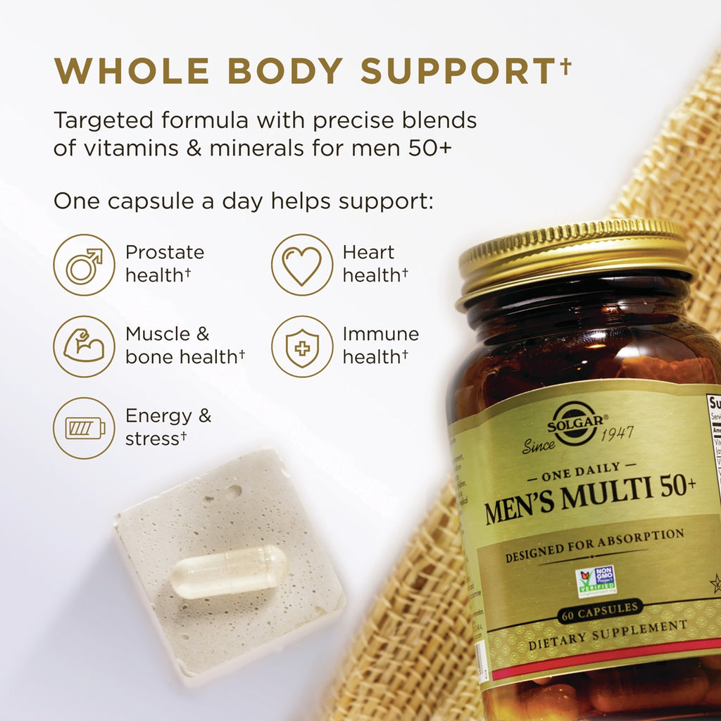 SLG382 | Solgar Men’s Multi 50+ capsule infographic highlighting whole body support for men 50+ - Thumbnail