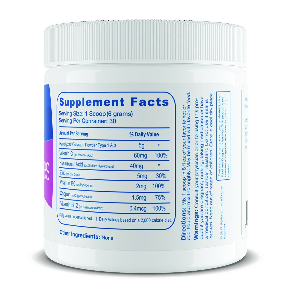 HYL017 | Supplement Facts panel for a collagen powder jar with directions, warnings, and ingredients