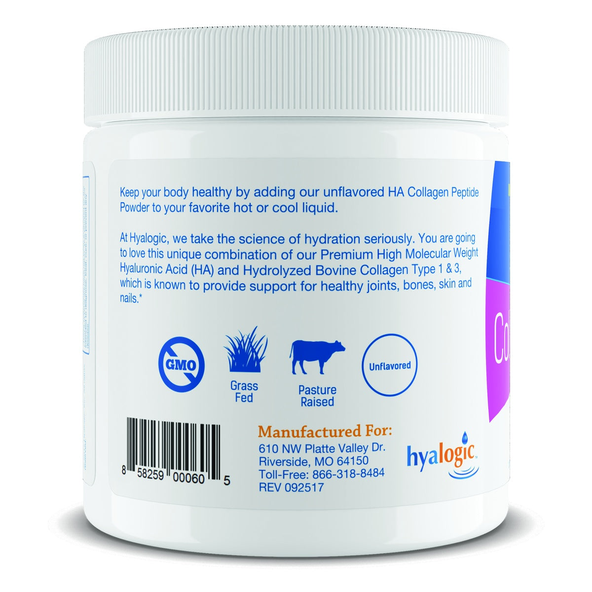 HYL017 | Hyalogic HA Collagen Peptide Powder jar with grass fed, pasture raised, and unflavored icons