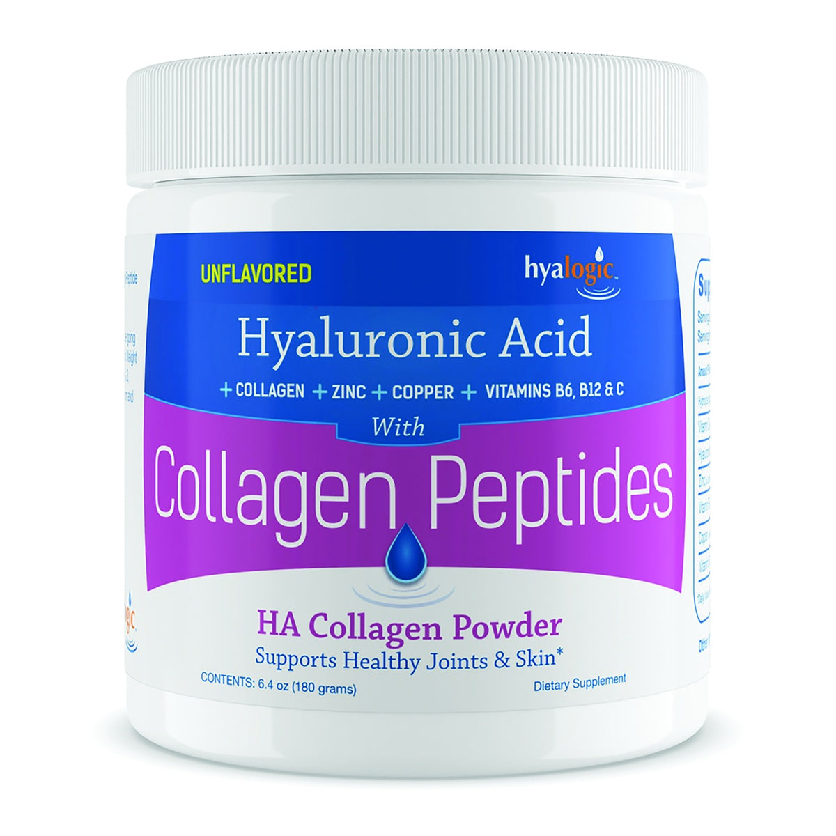 HYL017 | Hyalogic Unflavored HA Collagen Powder container with hyaluronic acid, collagen peptides, and support claims