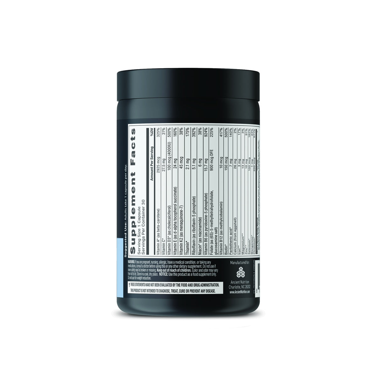 ATN056 | Back label of a supplement bottle showing Supplement Facts, warnings, and manufacturer information