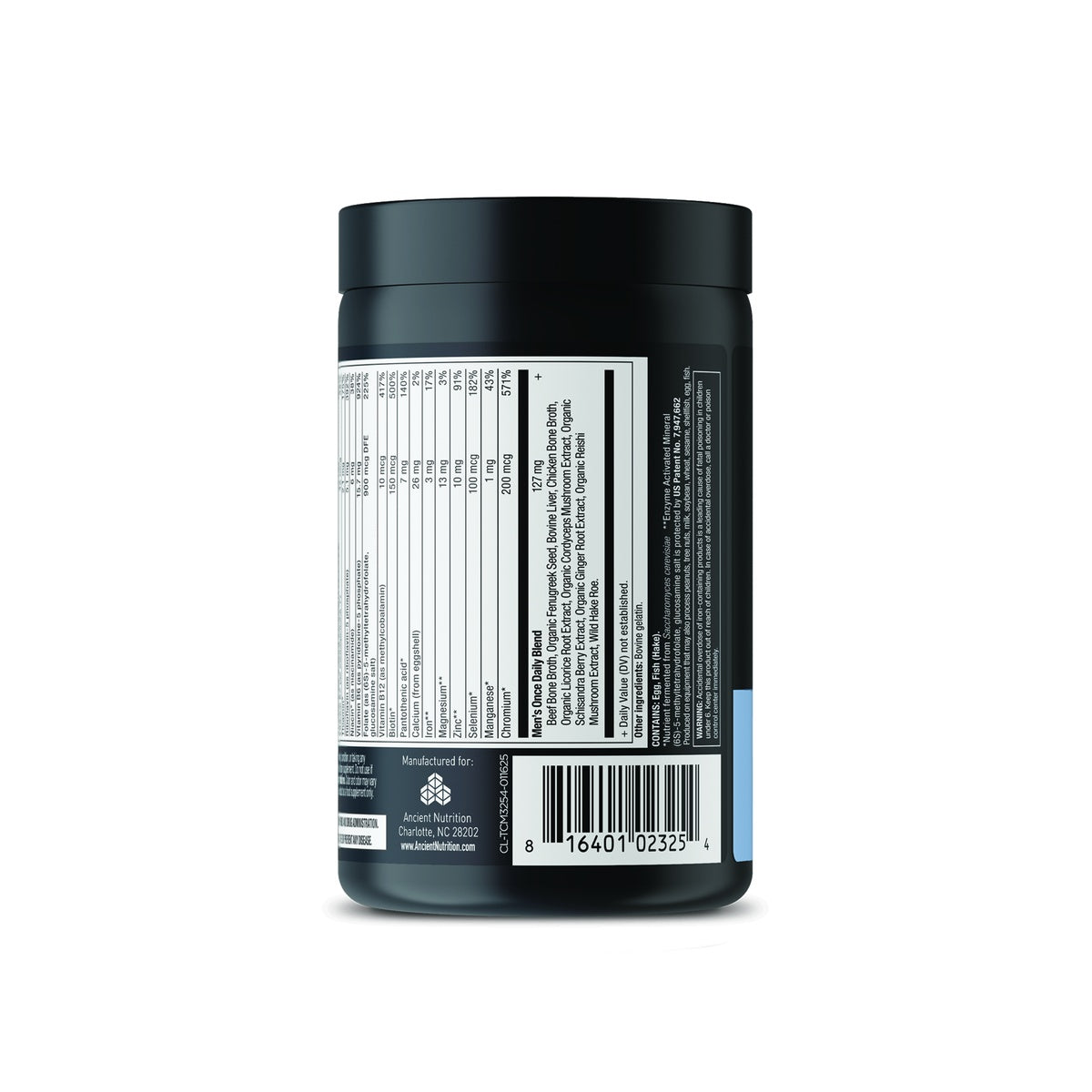 ATN056 | Back label of a supplement bottle with nutrition facts, ingredients, warnings, and barcode