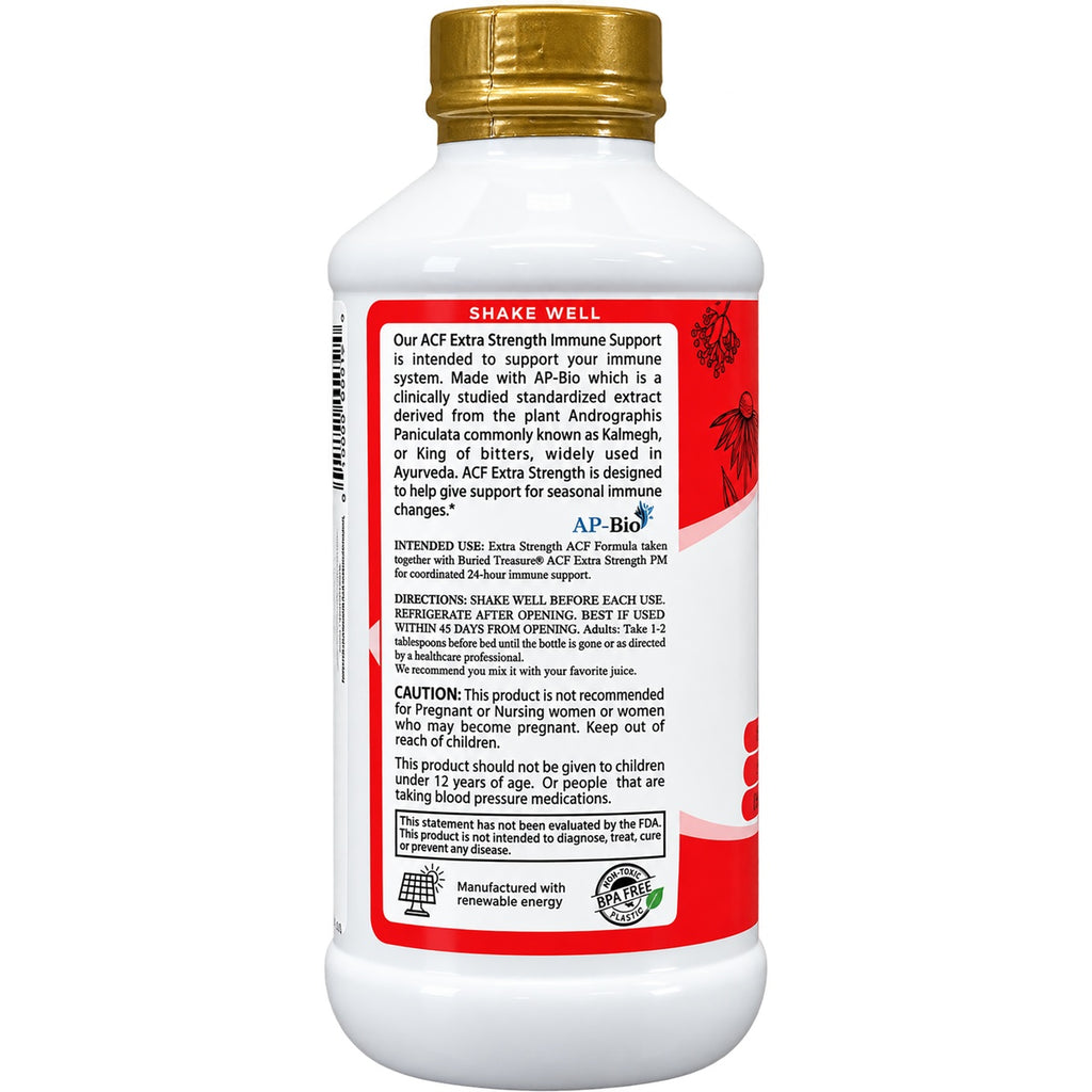 BTR043 | Back label of ACF Extra Strength Immune Support bottle with directions, cautions, and AP-Bio branding - Thumbnail