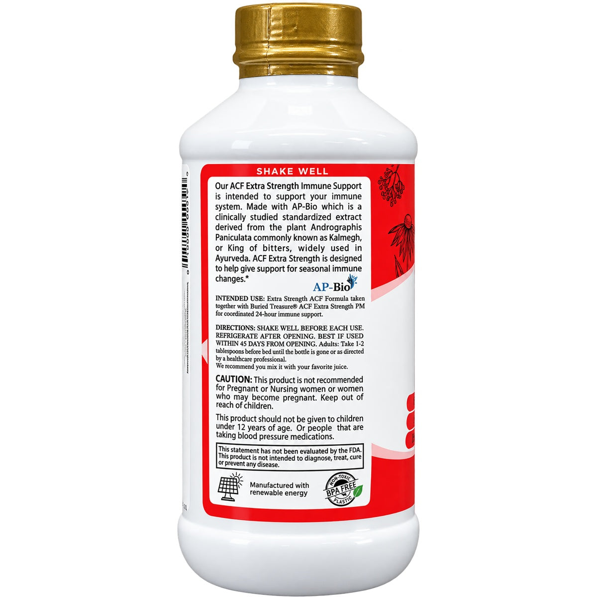 BTR043 | Back label of ACF Extra Strength Immune Support bottle with directions, cautions, and AP-Bio branding
