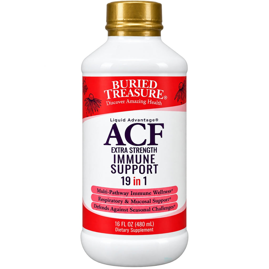 BTR043 | Buried Treasure ACF extra strength immune support liquid bottle 16.54 fl oz labeled vegan safe 0g sugar gluten free - Thumbnail