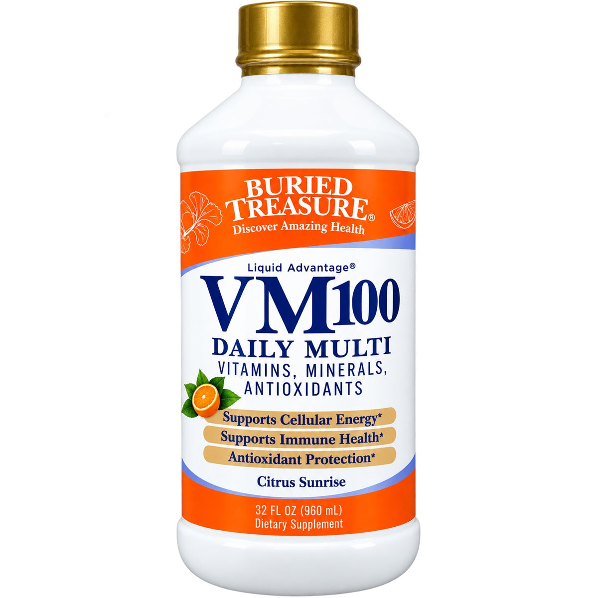 BTR005 | Buried Treasure VM100 Daily Multi liquid vitamins bottle 33 fl oz front label showing vitamins minerals antioxidants