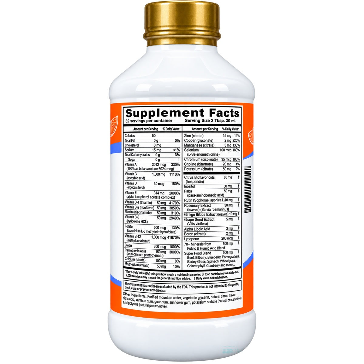 BTR005 | Back of white supplement bottle showing Supplement Facts panel and ingredient icons
