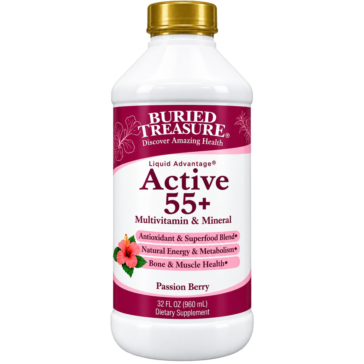 BTR004 | Buried Treasure Active 55 liquid dietary supplement bottle, 33 fl oz, vitamins, minerals, herbs, antioxidants