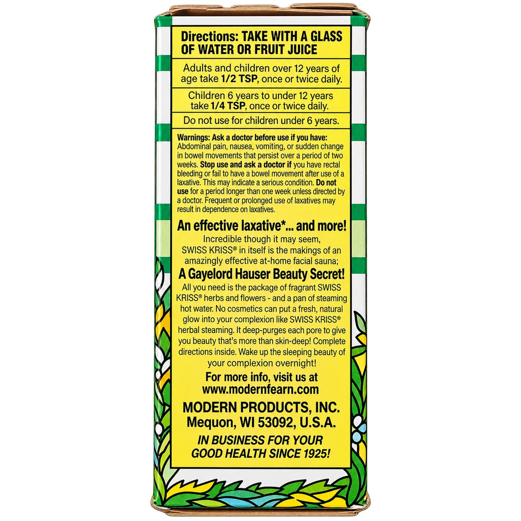 SKR004 | Back panel with directions, warnings, and product information for Swiss Kriss laxative - Thumbnail