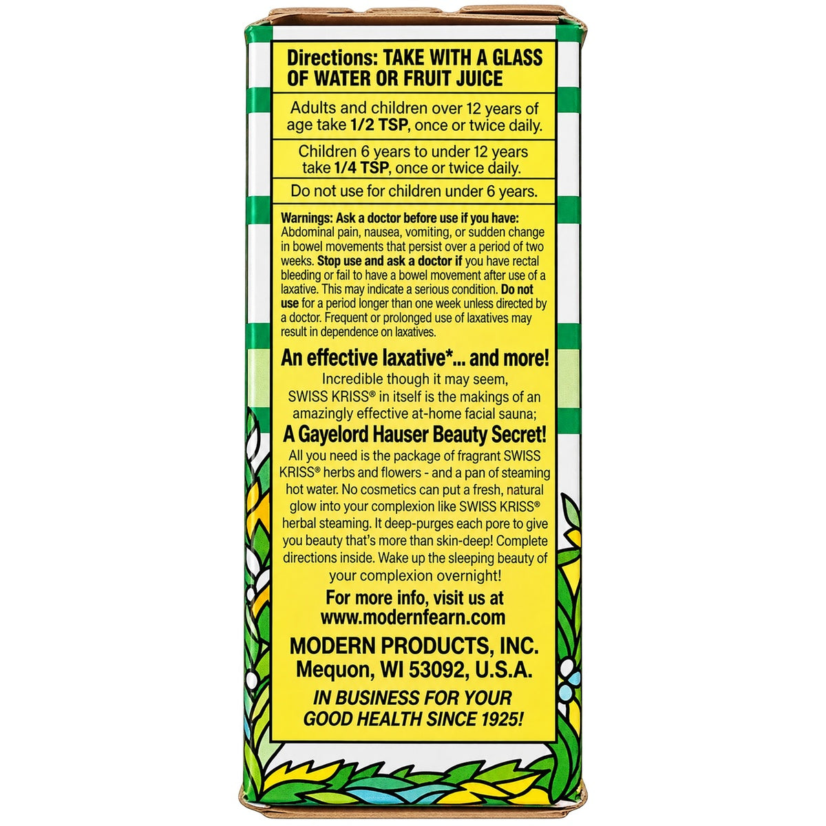SKR004 | Back panel with directions, warnings, and product information for Swiss Kriss laxative