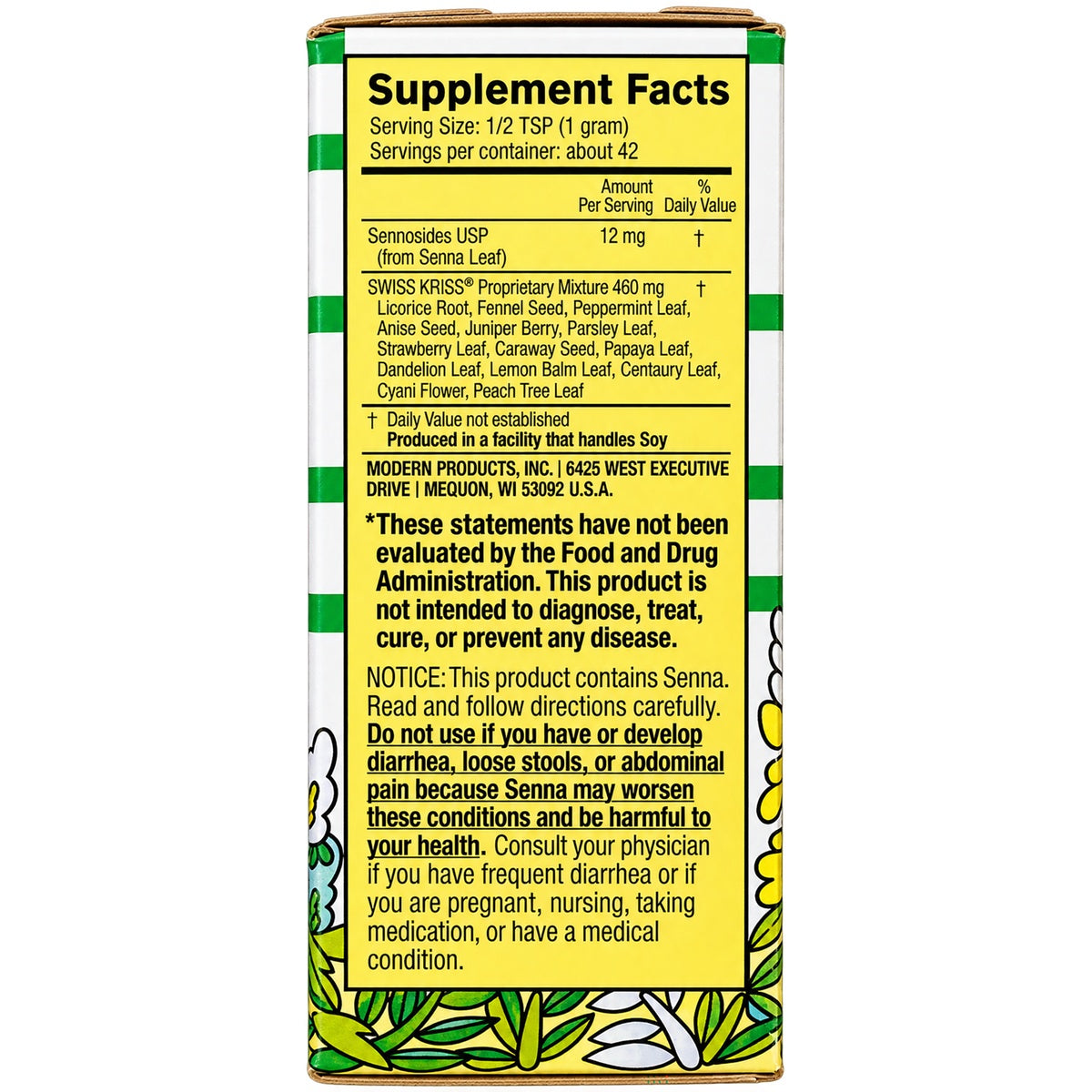 SKR004 | back panel displaying Laxative Facts, active ingredient Sennosides USP 13 mg, warnings and inactive ingredients