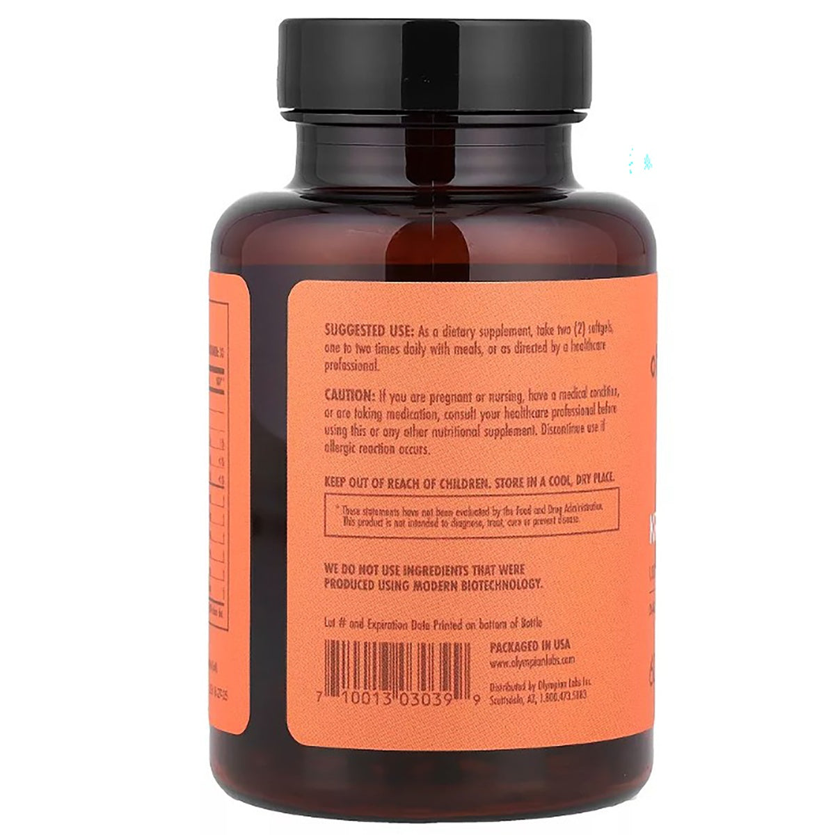 OL026 | Back label of an amber supplement bottle with suggested use, warnings, and barcode