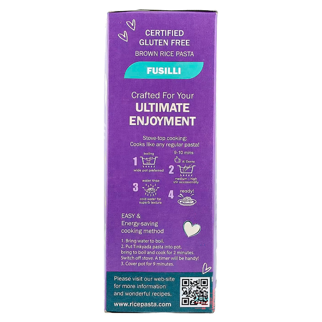 TKY007 | Back of brown rice fusilli pasta box with certified gluten free cooking instructions and QR code - Thumbnail