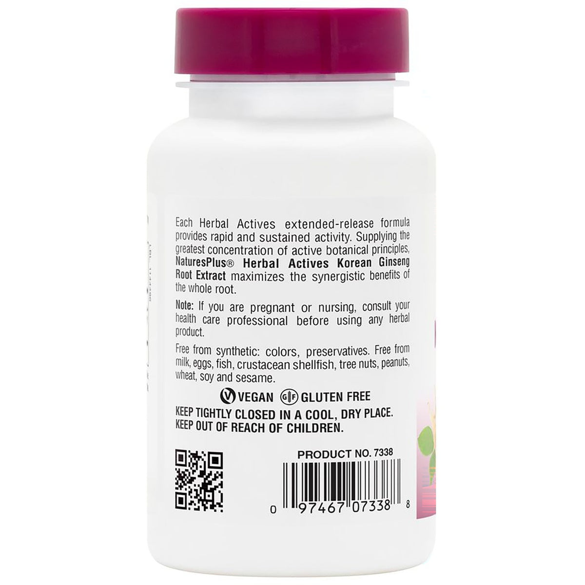 NTP217 | Back of NaturesPlus Herbal Actives Korean Ginseng Root Extract bottle with vegan and gluten-free labels