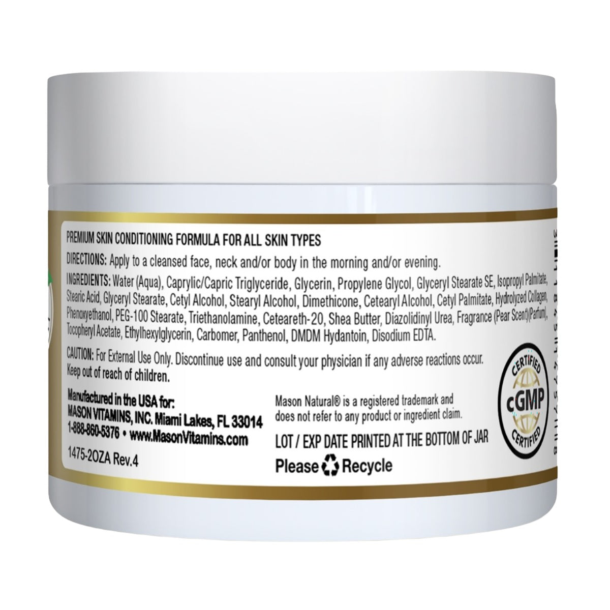 MSN044 | Back label showing directions, ingredients, and caution on white jar labeled PEAR SCENT PARABEN FREE
