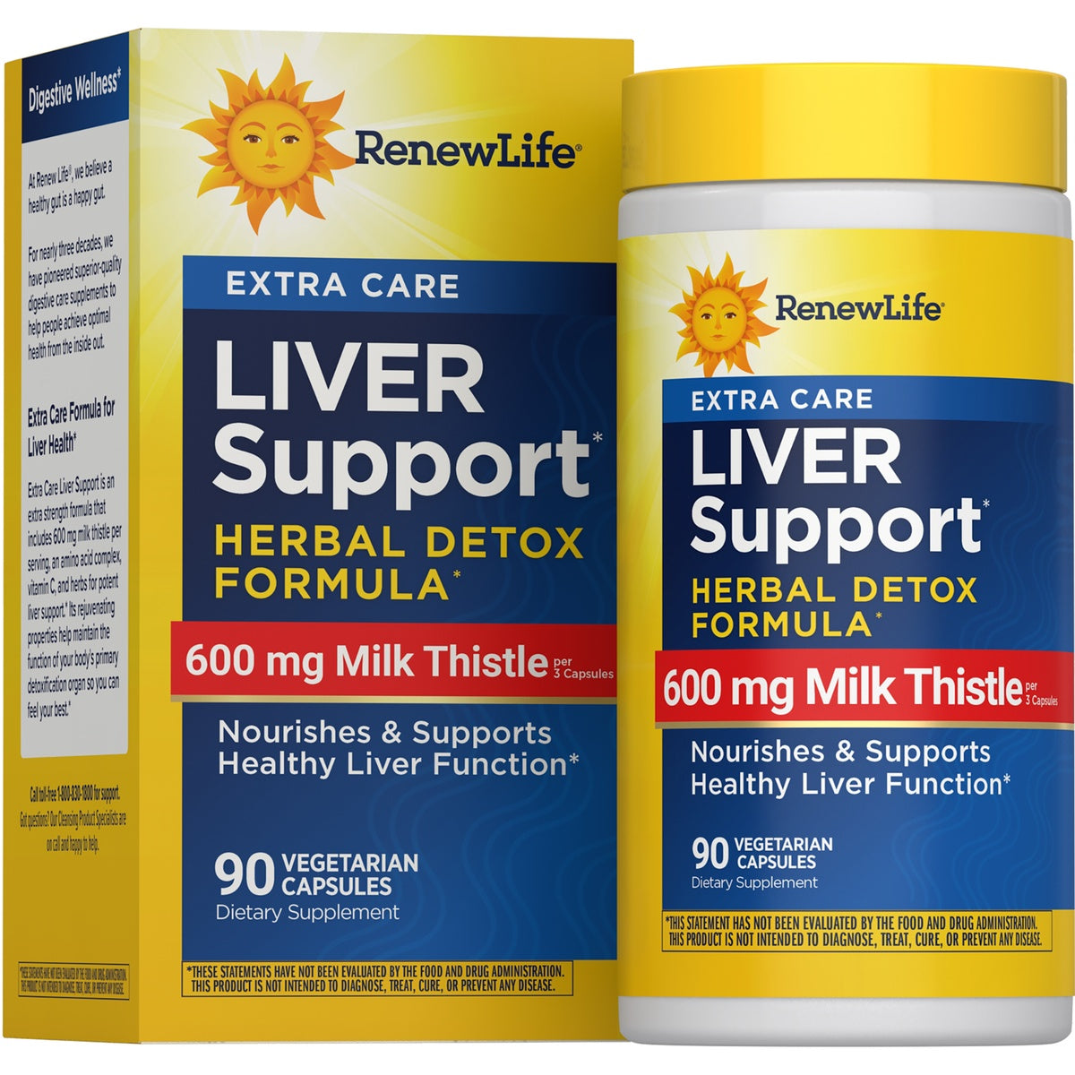 RNL256 | RenewLife Extra Care Liver Support bottle and box, 600 mg Milk Thistle, 90 vegetarian capsules