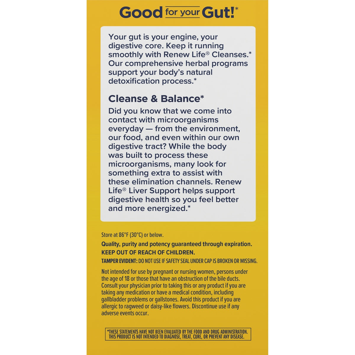 RNL256 | Back panel reading Good for your Gut!, Cleanse & Balance description, storage instructions and safety warnings