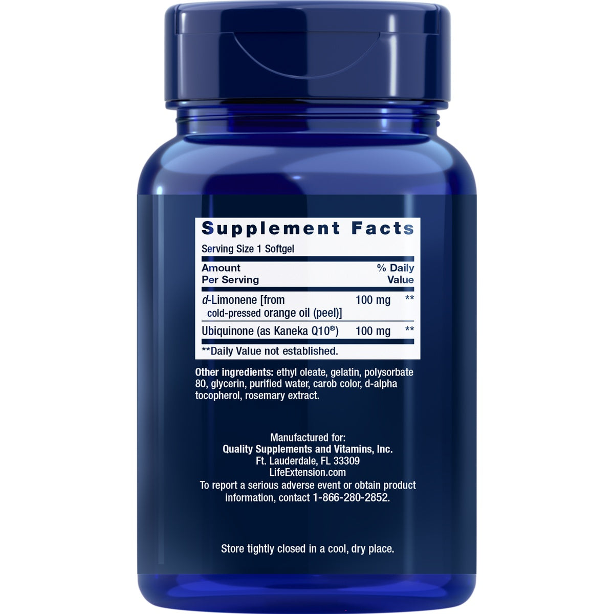 LE552 | Back of blue supplement bottle showing Supplement Facts panel listing serving size 1 softgel and ingredients