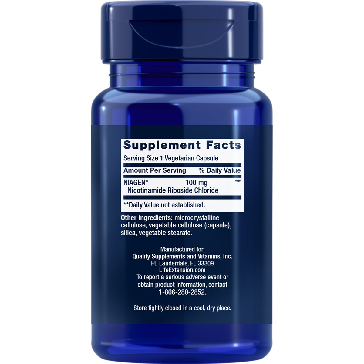 LE468 | back of blue supplement bottle showing Supplement Facts panel and ingredient text
