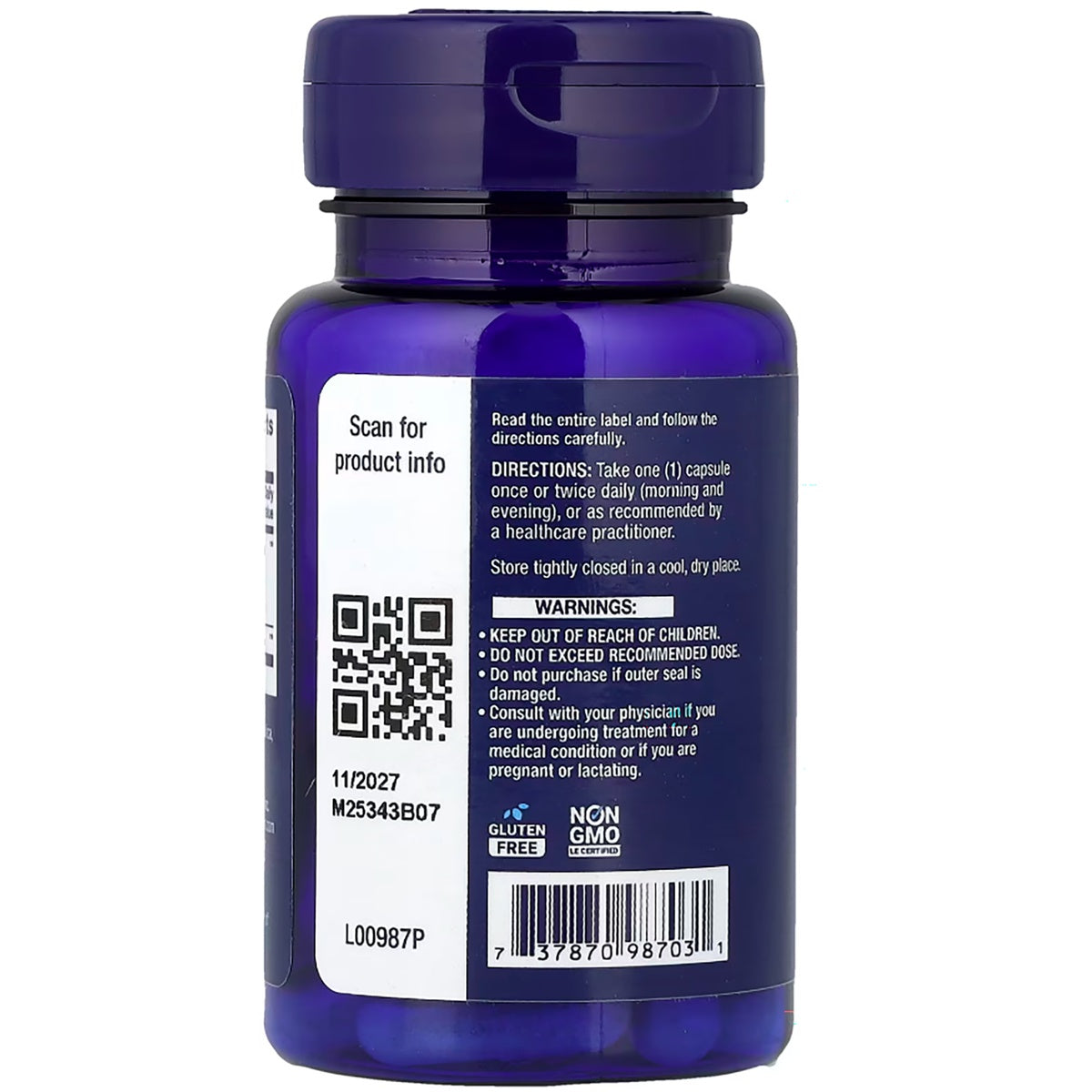 LE047 | Back of blue supplement bottle showing directions, warnings, QR code and barcode