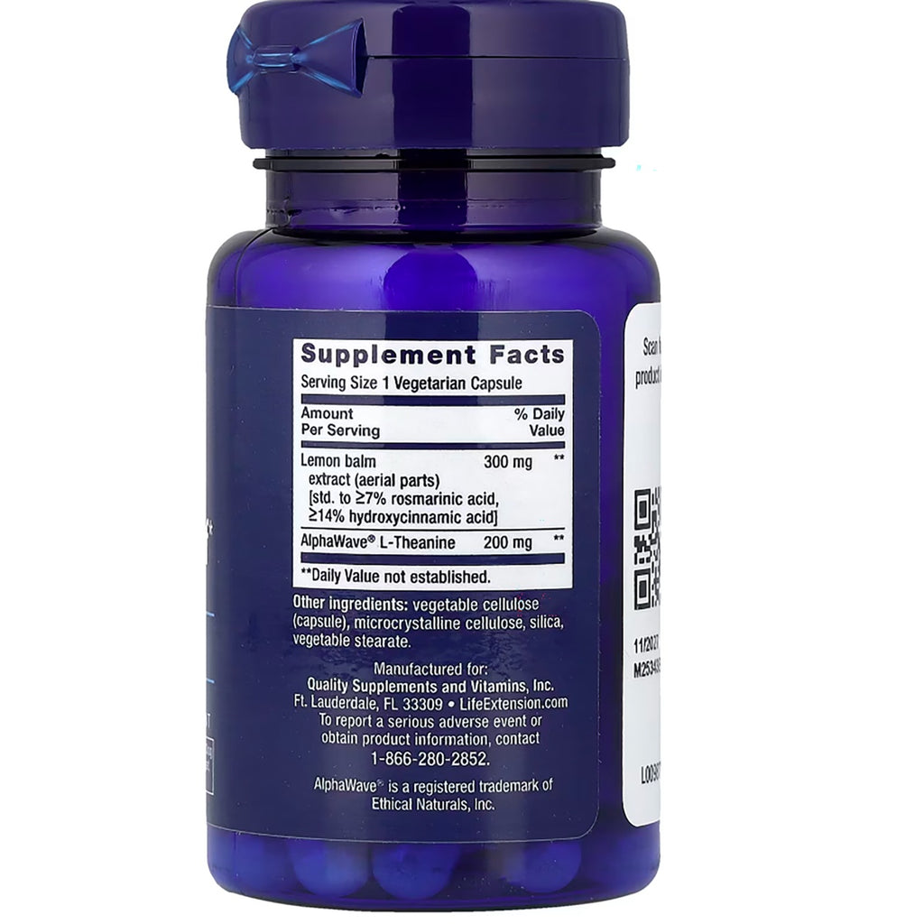 LE047 | Back of blue supplement bottle with Supplement Facts label listing lemon balm 300 mg and L-Theanine 200 mg - Thumbnail