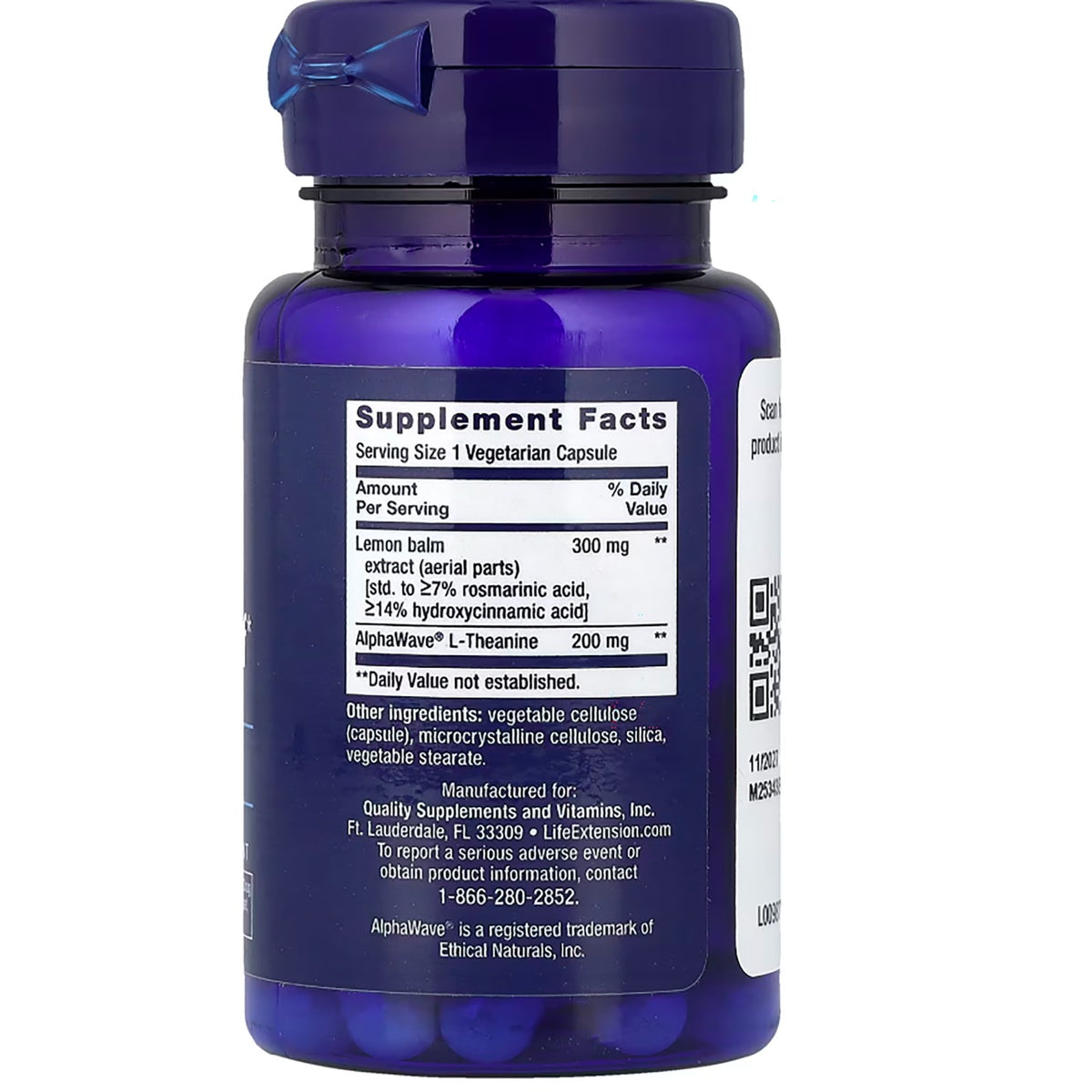 LE047 | Back of blue supplement bottle with Supplement Facts label listing lemon balm 300 mg and L-Theanine 200 mg