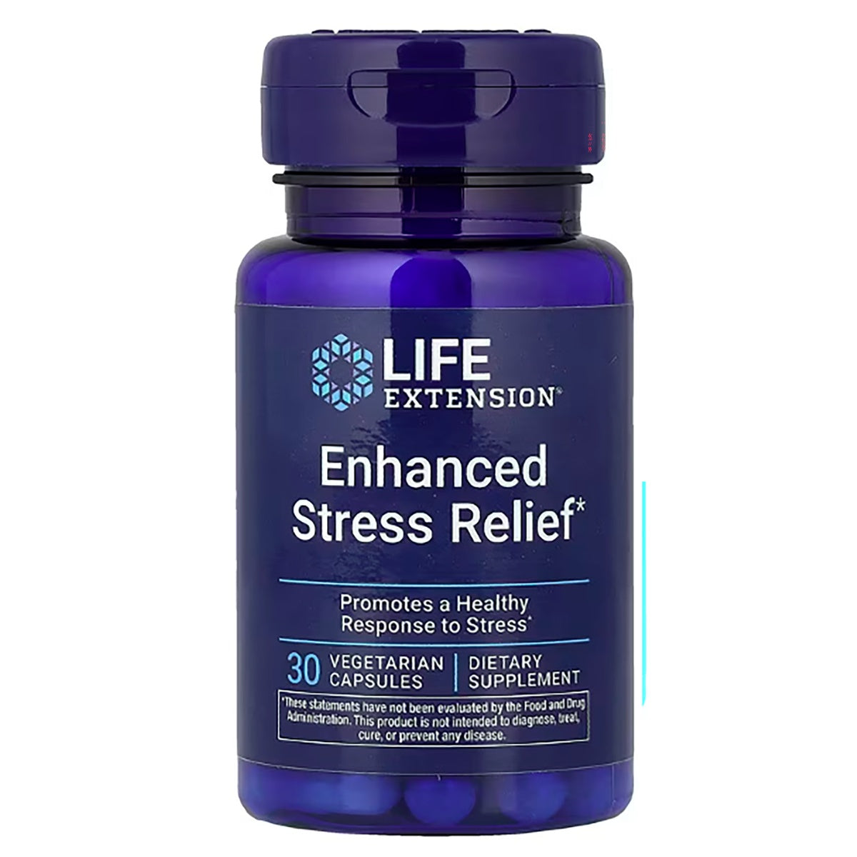 LE047 | Blue Life Extension Enhanced Stress Relief bottle front label, 30 vegetarian capsules dietary supplement