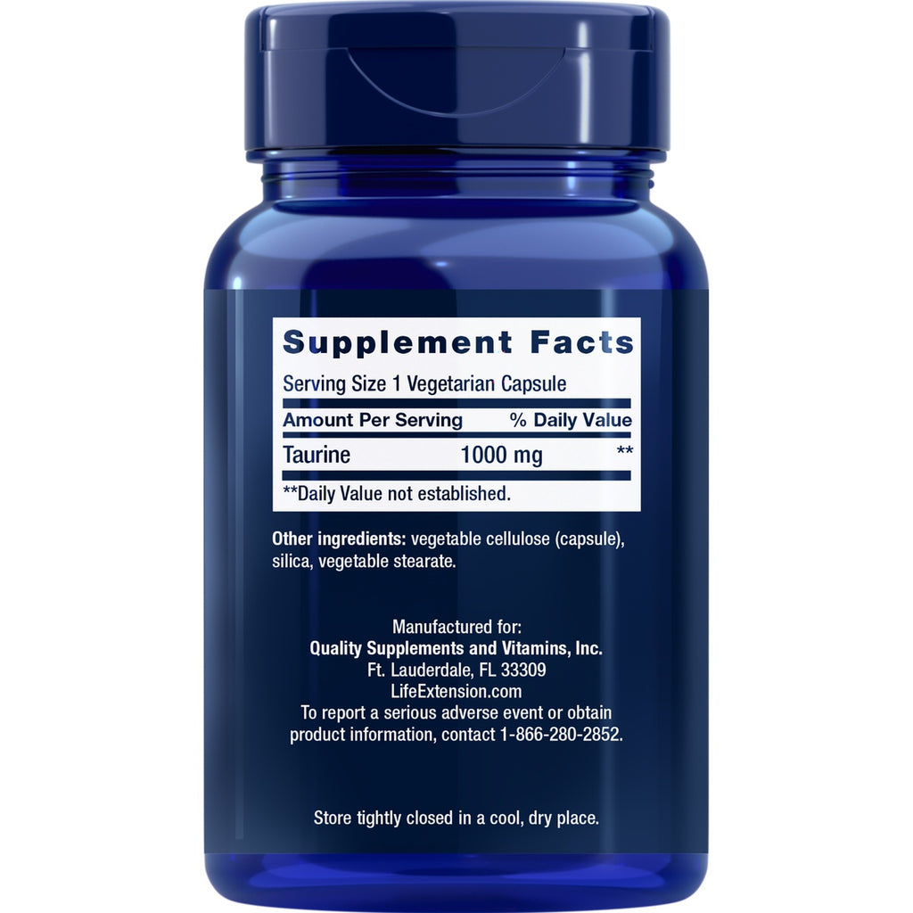 LE311 | Supplement Facts label for taurine 1000 mg vegetarian capsules on a blue bottle - Thumbnail