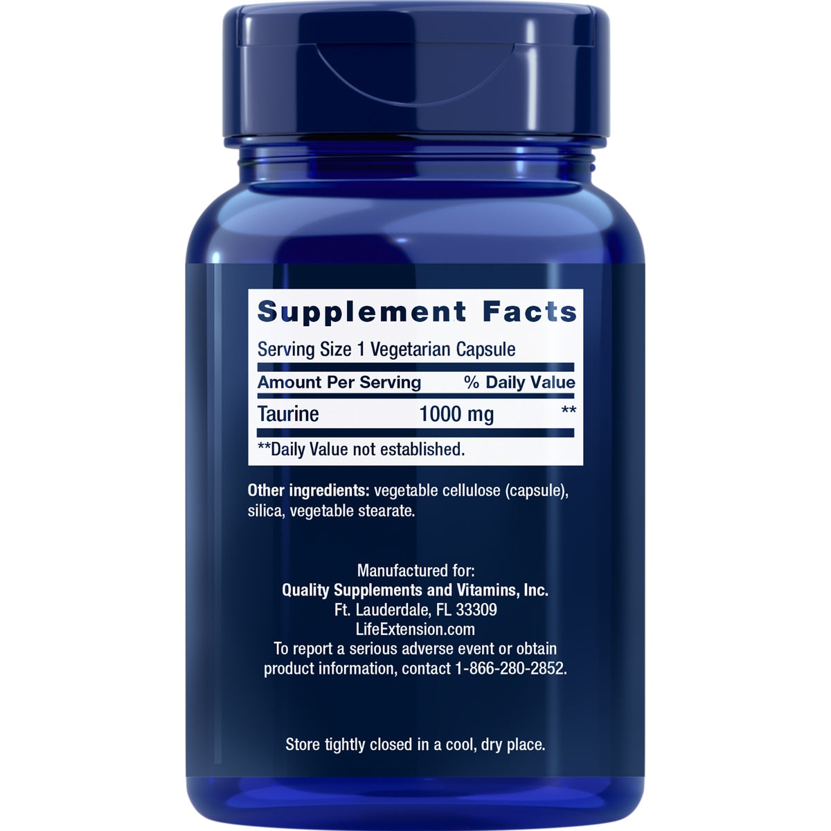 LE311 | Supplement Facts label for taurine 1000 mg vegetarian capsules on a blue bottle