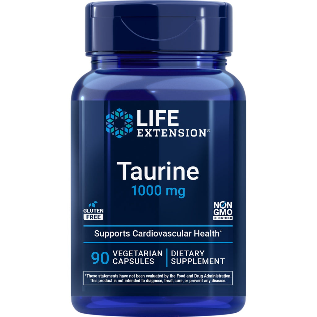 LE311 | Life Extension Taurine 1000 mg supplement bottle front label stating 90 vegetarian capsules, supports cardiovascular health, NON GMO - Thumbnail