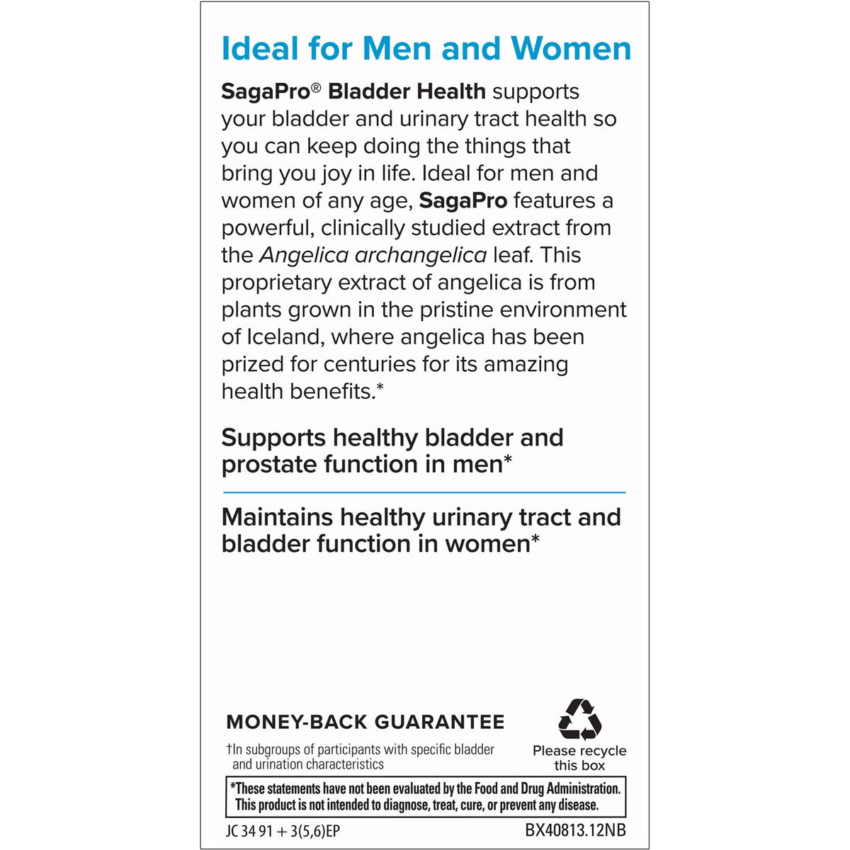 EUR030 | product infographic showing SagaPro vs placebo bar graph and text claiming 3x better bladder health