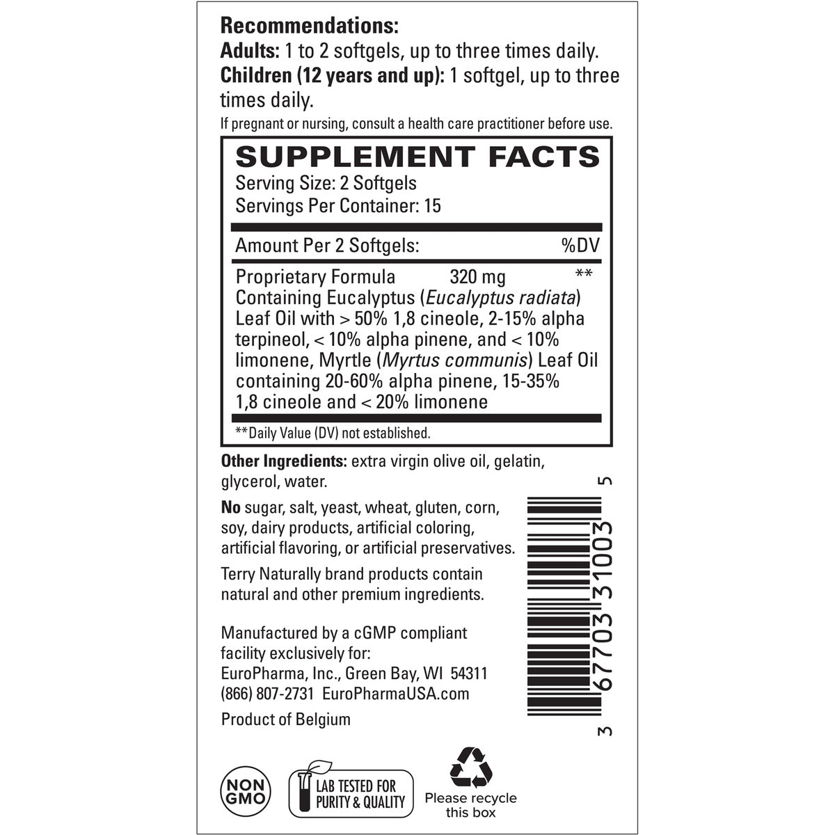 EUR022 | Supplement Facts and directions panel for eucalyptus and myrtle oil softgels, with non-GMO and lab tested icons