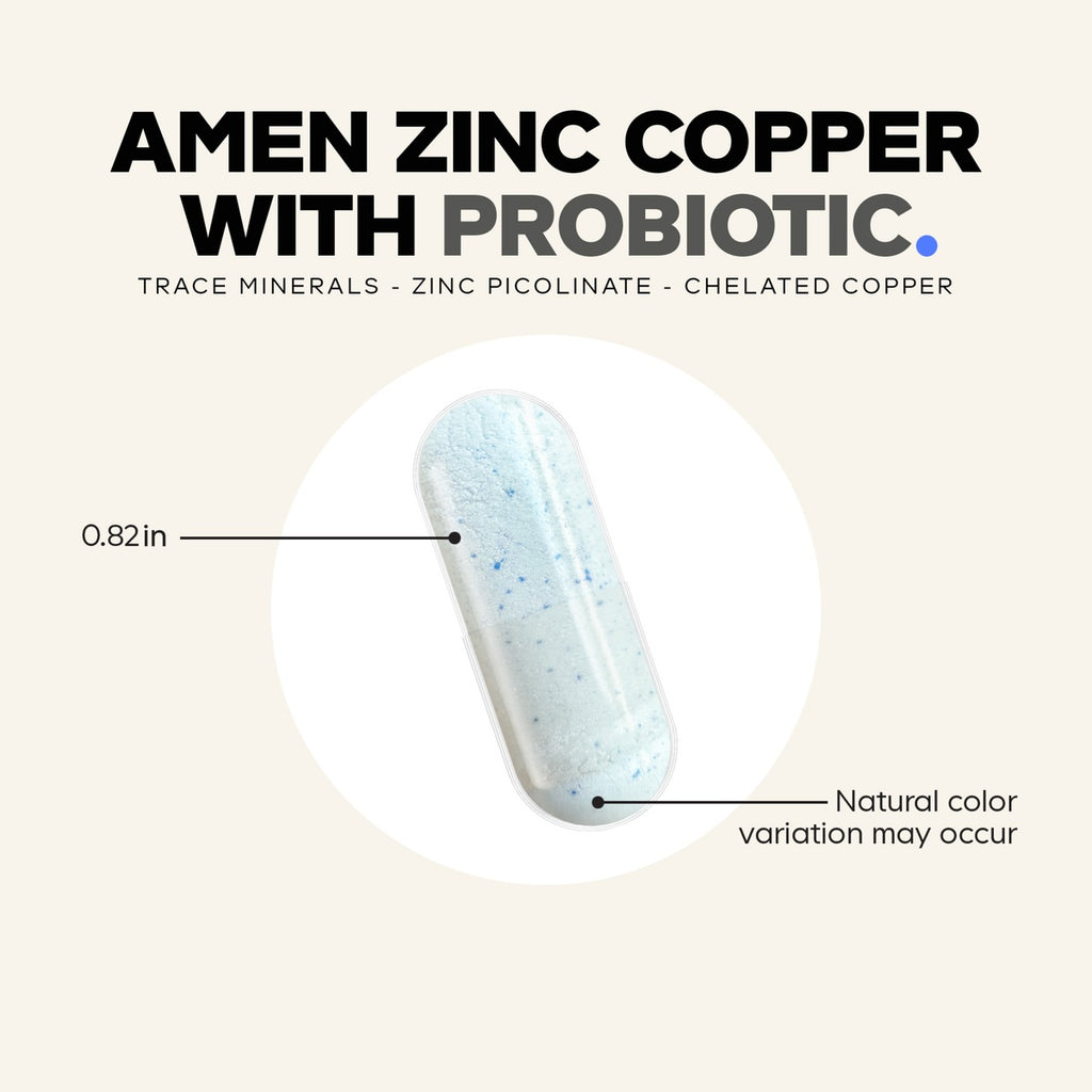 CDG050 | Amen Zinc Copper with Probiotic capsule infographic showing 0.82 in size and natural color variation - Thumbnail