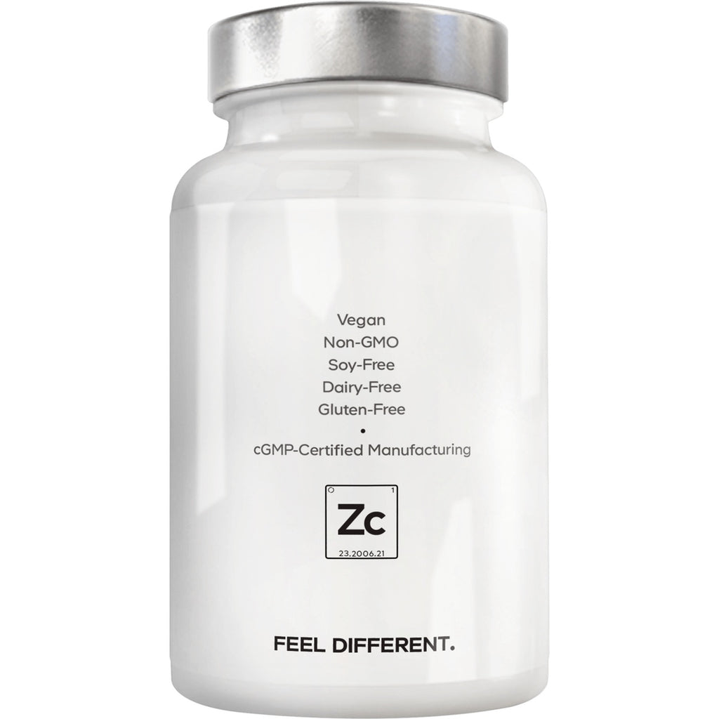 CDG050 | Back of white supplement bottle labeled Vegan; Non-GMO; Soy-Free; Dairy-Free; Gluten-Free; cGMP Certified Manufacturing; Zc logo; FEEL DIFFERENT - Thumbnail