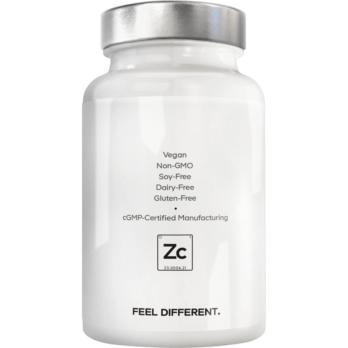 CDG050 | Back of white supplement bottle labeled Vegan; Non-GMO; Soy-Free; Dairy-Free; Gluten-Free; cGMP Certified Manufacturing; Zc logo; FEEL DIFFERENT