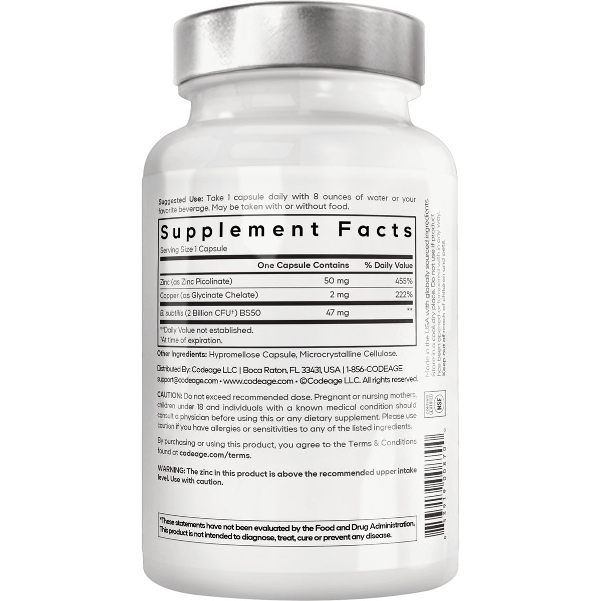 CDG050 | back of white supplement bottle showing Supplement Facts panel, ingredients and caution text