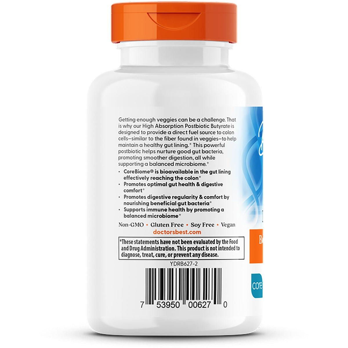 DB308 | Back of Doctor's Best High Absorption Postbiotic Butyrate bottle with benefits and barcode