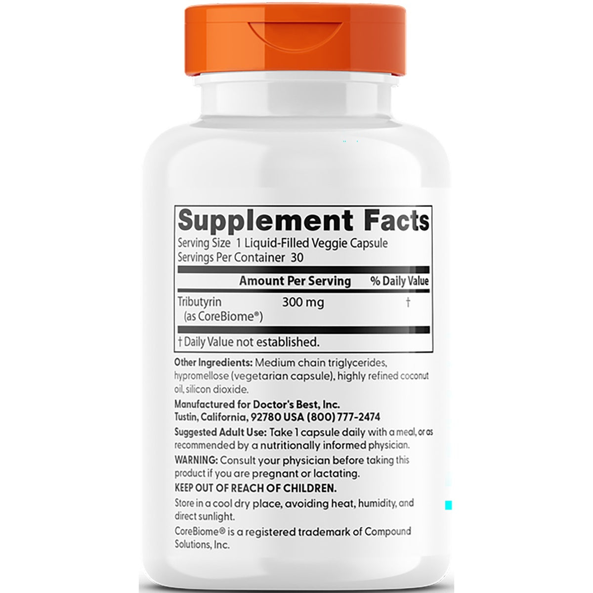 DB308 | Supplement Facts panel showing ingredients, suggested use, warnings, and company info on back of white and orange supplement box