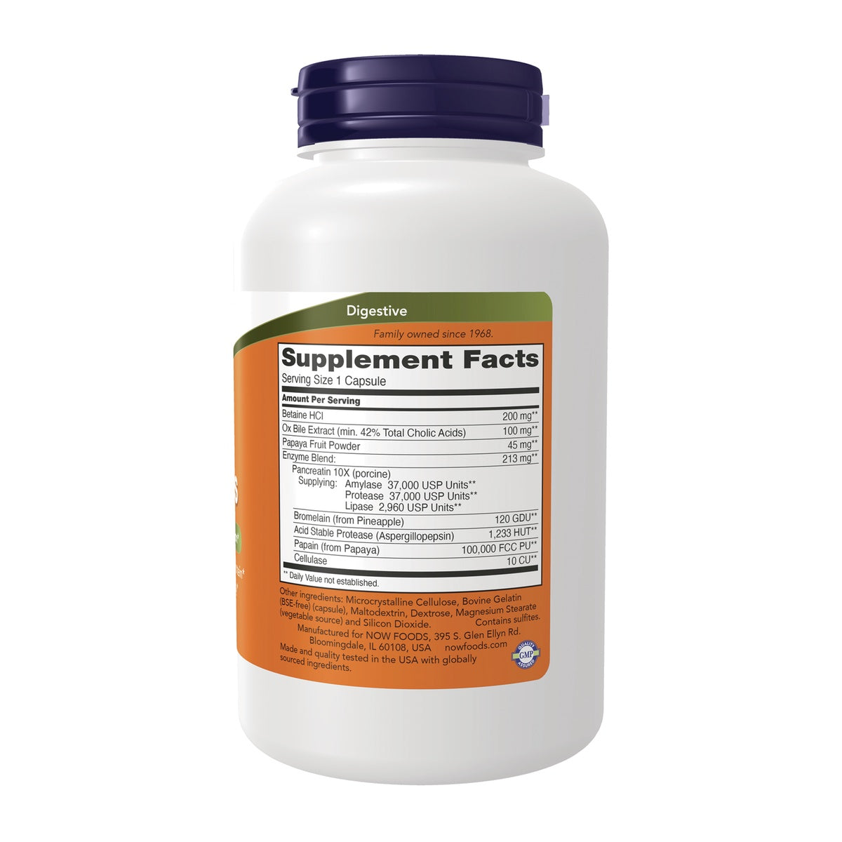 NWF098 | Back label showing Supplement Facts panel and ingredients on white supplement bottle with purple cap