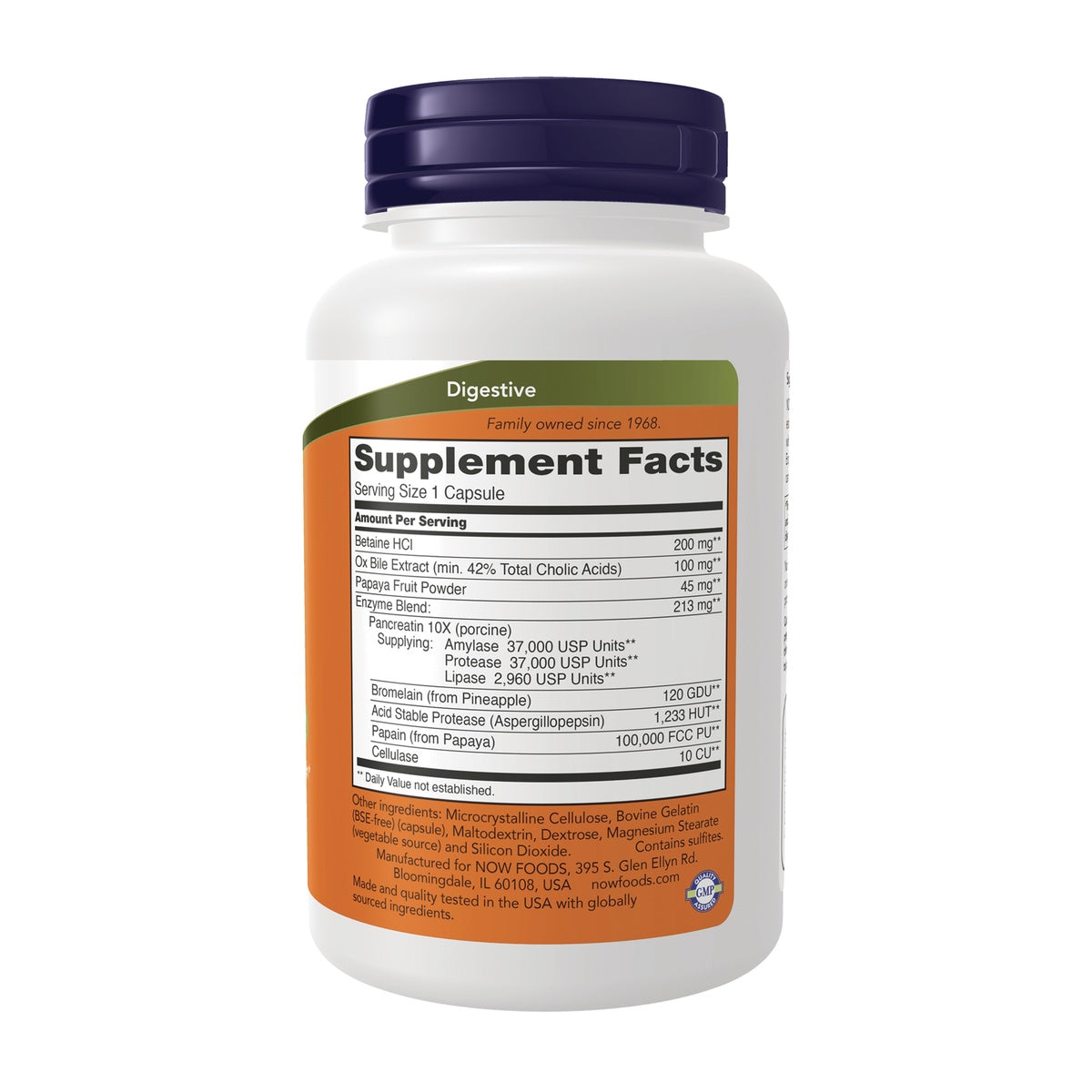 NWF099 | Back of white supplement bottle showing Digestive header and Supplement Facts nutrition and ingredient panel