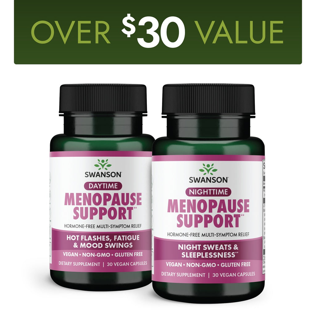SW1991 | Two green Swanson Menopause Support bottles labeled Daytime and Nighttime with value banner above - Thumbnail
